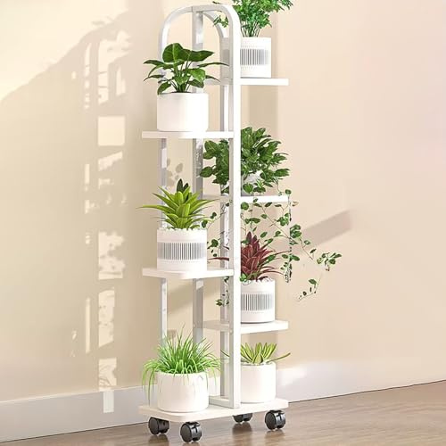 HTTGDGDH Supporto per Piante in Metallo, Scaffale per Piante A 4/5/6 Livelli con Ruote, Porta Piante in Legno, Supporto per Vasi di Fiori A più Livelli, per Patio, Soggiorno, Bal,White a 6 Tier