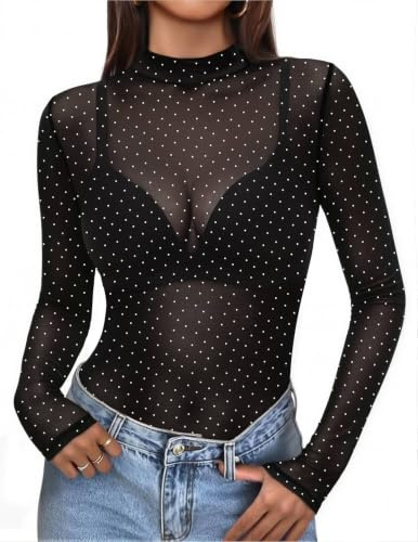 Zeagoo Mesh Topp för Kvinnor, Sexigt Långärmat Transparent Nättopp, M