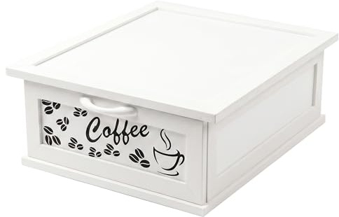 Cassettiera Porta Cialde e Capsule Caffè - Organizer in Legno con Cassetto Salvaspazio, Supporto Macchina Caffè, Tisane Tè Coffee Station per Cucina Ufficio B&B, 30,5x36,5x14 cm (Chicchi di Caffè)
