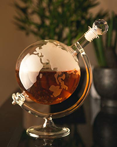 Homezone 700ml Capacity World Map Whiskey Decanter - Wine Carafe on Cradle - Globe Decanter for Wine, Cocktails, Liquor, Scotch - Unique Gift Idea - Glass Decanter with Stopper