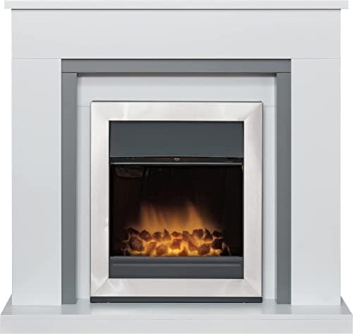 Adam Milan Fireplace in Pure White & Grey with Vancouver Electric Fire in Brushed Steel, 39 Inch