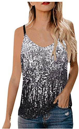 Pailletten Tops Damen Sparkle Glitzer Party Oberteile, Rundhals ÄRmelloses Shirt Tanktop Bluse, Silber