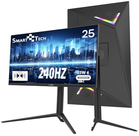Smart Tech Gaming Monitor 25 Zoll, Full HD-Auflösung(1920x1080), Monitor 240Hz, USB-C 65W, Mit Zwei Lautsprechern, 1ms MPRT, FreeSync, Type-C, Höhenverstellbar, Drehbarer, HDMI DP, Schwarz
