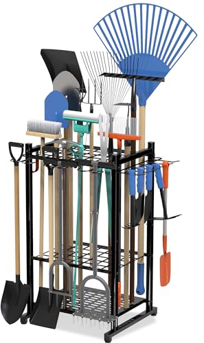 Organizador de herramientas de jardín de hasta 50 herramientas, organizador de herramientas de acero resistente para guardar en el garaje con 11 ganchos, soporte para escoba y estante de herramientas