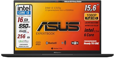 ASUS notebook, pc portatile, Cpu Intel i3 di 13Th 6Core, Ram 16 Gb, SSD Pci Nvme da 256 Gb, 15,6 FHD, wi-fi 6, 4 Usb, Bt, Intel UHD, Win 11 Pro, Libre Office, pronto All'uso Gar. Italiana