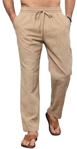 EDITCOZY Herr linne strandbyxor lös passform bomullsbyxor vardag sommar dragsko byxor, Khaki, M