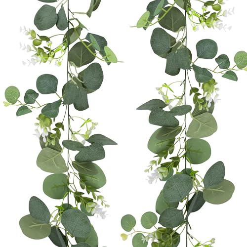 Foshird 2 Stück Eukalyptus Girlande Deko mit Weiße Blumen 1.8m Eukalyptus Künstlich Blumengirlande Kunstpflanze Blätter Girlande Grün für Hochzeit Garten Outdoor Wand Frühlingsdeko Tischdeko