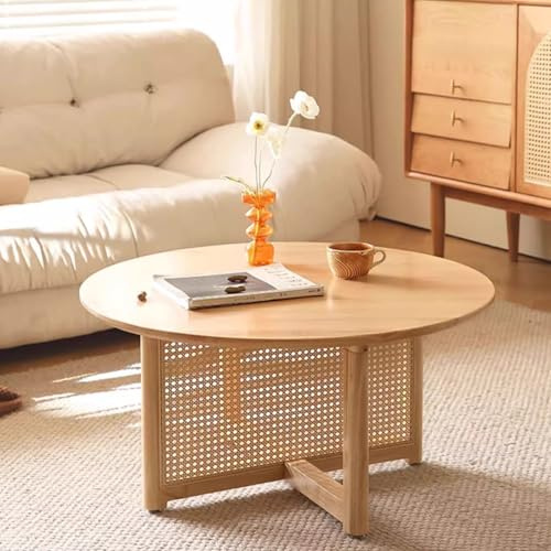 WappiGo Kleiner Rattan-Couchtisch, Boho-Massivholz-Couchtisch, moderner runder Beistelltisch, schmaler Nachttisch, für Wohnzimmer, Wohnung, Büro, 80 cm