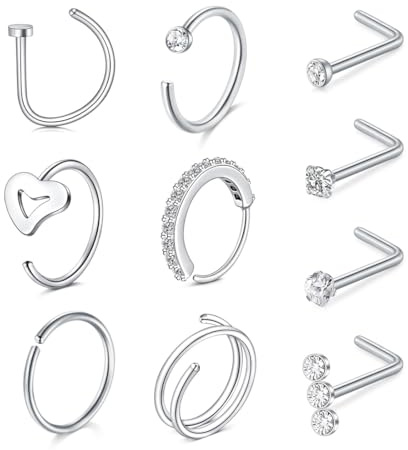 JEYORZY 10 Pcs Piercing nez, Argent Piercing Nez Anneaux Fin Nasaux avec Fleur Coeur Bijoux Piercing nez Acier Chirurgical 20G(0.8mm) 22G(0.6mm) Vis Mince Forme L Piercing Nasal Anneaux Hommes Femmes