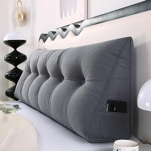 Almohada triangular de pana de lujo, cojín ergonómico para reposacabezas y apoyo de espalda para cama, sofá, lectura, funda de almohada extraíble con cremallera (tamaño: 120 x 50 x 20 cm, color: gris