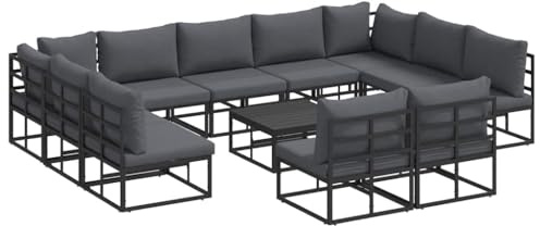 vidaXL Gartensofa-Set mit Kissen 12 pcs Schwarz Aluminium, Garten und Terrasse, modernes Outdoor-Sofa-Set, wetterfest, anpassbare Füße, Bequeme Möbel für außen
