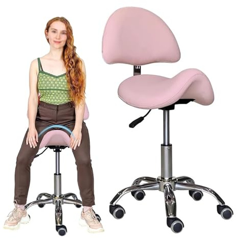FXLUHAY Taburete Profesional Rosa con Asiento de Silla de Montar, for Oficina en casa, de 48 a 63 cm, con Respaldo y Soporte for Dentistas y terapeutas.