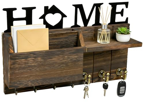 Elyyapt Key Holder for Wall Key Hangers with Home Design Keys Hooks Wall Mounted Wooden Wall Key Organizer Decor Wood Key Rack with 7 Hooks Mail Holder Shelf for Entryway Mudroom Hallway Brown