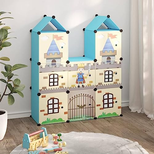 HaoChrymec Modularer Kinderschrank mit 8 Würfeln, PP, Stabiler Stahlrahmen, Kinderzimmer Schrank, Aufbewahrungsregal, Kleiderschrank klein, Blau, 109,5 x 36,5 x 127 cm