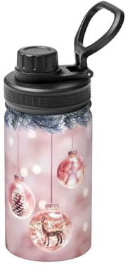 Bouteille d'eau isotherme à double paroi en acier inoxydable pour boissons chaudes et froides - Motif boule de Noël rose - 355 ml
