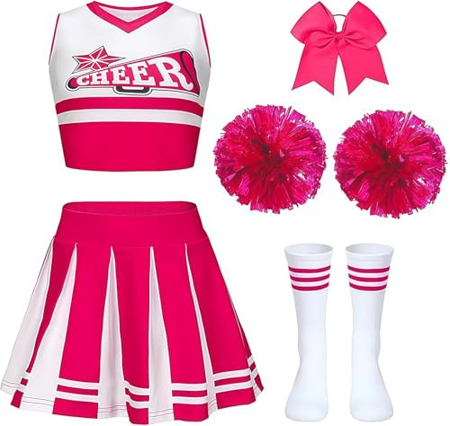 Gekyve Déguisement Cheerleader Fille Enfant, Pompom Girl Costume Carnaval avec Pompons, Chaussettes et Noeud, Tenue Uniforme Cheerleading pour Carnaval, Halloween, Fête Mascarade, Anniversaire, Cadeau