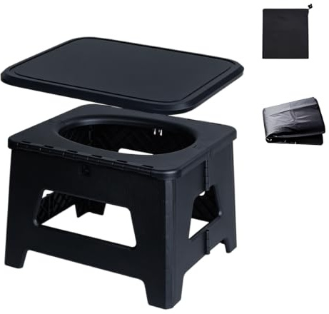 Nödfall toalett, campingtoalett vikbar, bärbar med sittpall, förvaringspåsar och soppåsar, PP, 100 kg, 31,5 × 24,5 × 16,5 cm, för självkörning, utomhuscamping, grillning, resor, fiske, strand