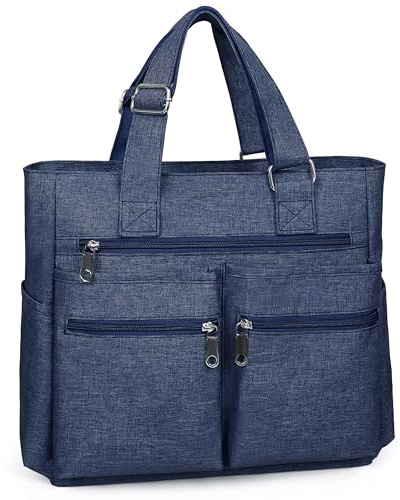 Canvas Tote Bag Waterproof Nylon Multi Pocket Shoulder Bags Laptop Work Bag Teacher Purse and Handbags for Women & Men (Blue 2)