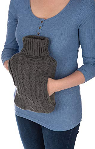 FiNeWaY 2L Hot Water Bottle Body Warmer with Pocket – for Back Neck Shoulder Leg Arthritis Pain Relief Aches Cramp (Knitted Grey)