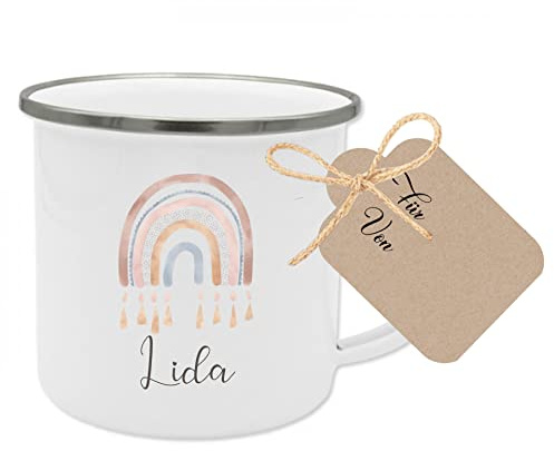 Manufaktur Liebevoll Namenstasse Kinder Kindertasse Personalisiert Emaille Tasse Mädchen Junge Geschenk Regenbogen