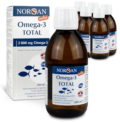 NORSAN Premium TOTAL Omega 3 Öl - 2.000 mg Omega 3 hochdosiert - 6x 200ml | 1.120 mg EPA & 536 mg DHA pro Portion - 800 IE Vitamin D3 - Fischöl aus nachhaltigem Wildfang - gereinigt von Schadstoffen