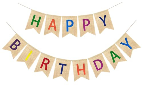 Happy Birthday Girlande Sackleinen, Vintage Leinen Banner, Wimpelkette für Babydusche Geburtstag Party DIY Dekoration