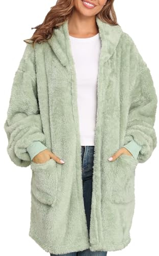 Argstar Fuzzy Fleece Hooded Cardigans for Women and Men, Winter Long Sleeve Outerwear Jacket Coats with Pocket Sage Green