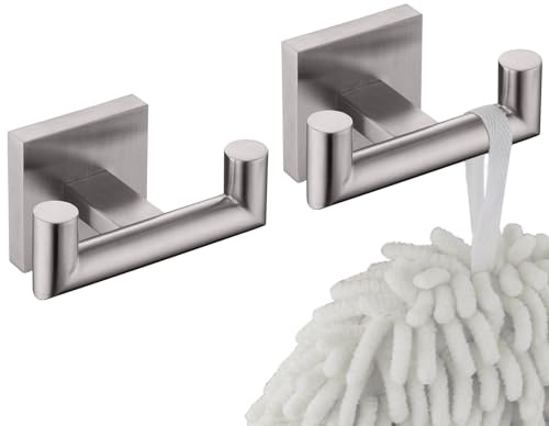 KOKOSIRI Robe Hook Bathroom Double Towel Coat Hooks for Bath Kitchen Wall Mounted, 2 Pack Brushed Nickel Stainless Steel B1015BR-P2