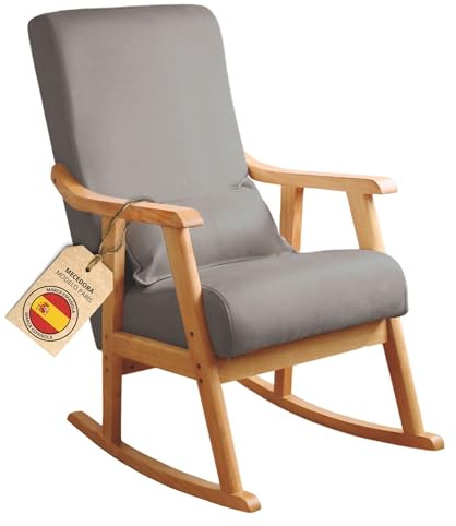 HOME DESIGN & CONFORT Sedia a dondolo modello Parigi con cuscino regalo | poltrona, dondolo speciale allattamento, antimanche, legno di faggio massello. Grigio/Naturale)