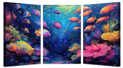 SHYAMIC Bilder Strand Meer, Unterwasserlandschaft, Pflanzen, Fische Leinwandbilder Bild auf Leinwand Wandbild Kunstdruck Wanddeko Wand Wohnzimmer Wanddekoration Deko Landschaft - 40x60cmx3 Gerahmt