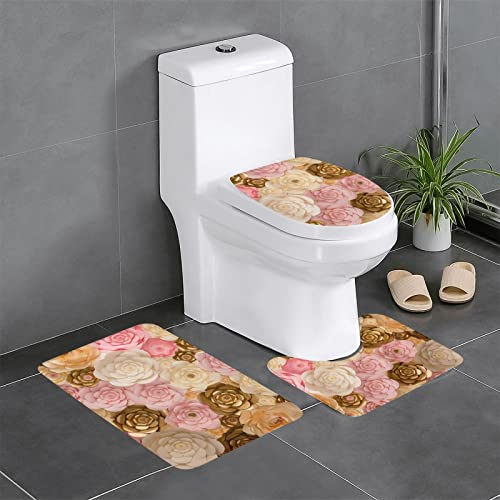 Badematten-Set aus Flanell, rutschfest, 60 x 40 cm, Rosa, Weiß, Gold, Blumen, bedruckt, 3 Stück – 60 x 40 cm | Badezimmerteppich-Set – Badematte + U-förmiger WC-Vorleger + O-förmiger