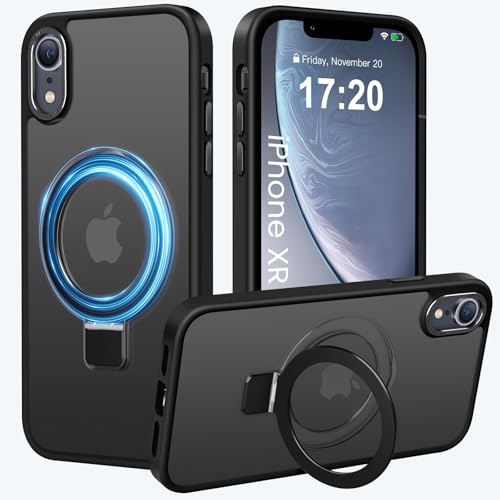 PuyaTeya für iPhone XR Hülle mit Magnet Ständer, Schwarz | Kratzfeste, fingerabdruckresistente, rutschfeste und stoßfeste [transluzent matte] Handyhülle für iPhone XR