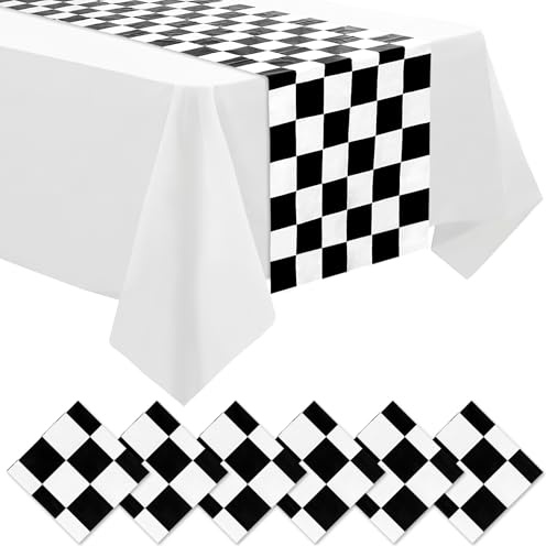 DEMIUKO 12 Stück Karierter Tischläufer Schwarz Weiß Zielflagge Tisch Läufer | Party Tischdekoration, Kinder Geburtstag Party, Plastik Einweg Tischläufer, Rennkariert Deko, 35x274 cm