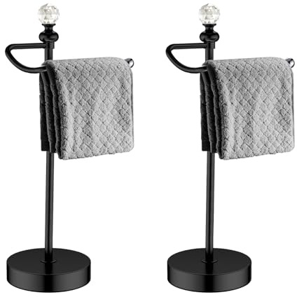 ROLABAM Bath Hand Towel Holder Stand, 2 Pack Stainless Steel Black Towel Rack Hand Holder for Bathroom, Small Countertop Free Standing Hand Towel Rack with Heavy Base (Matte Black, 2 Pack)