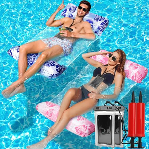 Amaca Piscina 4 in 1 Amaca Gonfiabile da Mare 2 Pezzi Amaca Mare Galleggiante Portatile Materassino Piscina con Rete Amaca da Piscina per una Vacanza al Mare(Blu Scuro e Rosa)