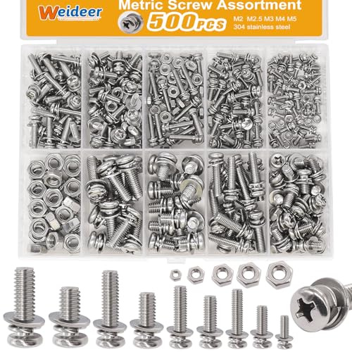 weideer 500Pcs Nut and Bolt Assortment Kit,M2 M2.5 M3 M4 M5 Machine Screws, 304 Stainless Steel Combination Screws for Electronics,Motorcycle,DIY Projects K-188