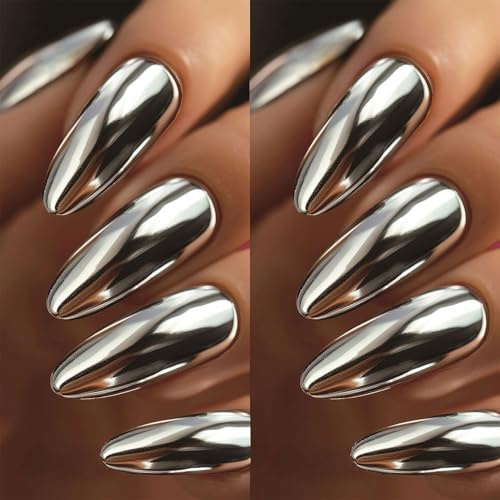 Auriselle 24 pezzi 12 misure Set unghie finte Unghie finte da incollare Design metallico grigio fumo con lucentezza a specchio a mandorla incollare lunghe artificiali Per le feste Donne, Grigio