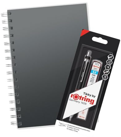rOtring Tikky Druckbleistift-Set, 0,5 mm, farbcodiert, inkl. 12 HB-Minen, Radiergummi und Spiralnotizbuch im A5-Format, leichter Bleistift mit Griff zum Zeichnen, Schreiben und Skizzieren