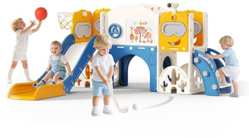 Tobogán infantil grande con canasta de baloncesto, estructura de escalada para jardín, telescópico, espacio de almacenamiento, para 1 – 3 años, extra largo 1700 mm (siete en uno-azul-naranja)