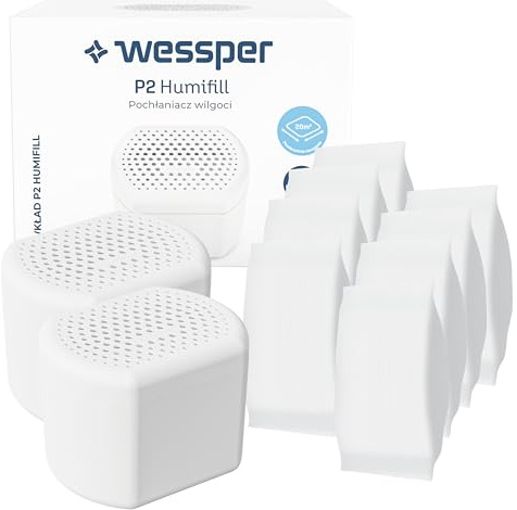 Wessper 2x Luftavfuktare med 8x Påfyllningspåsar Granulat, Förhindrar Mögel och Dåliga Lukter, Skyddar Väggar, Effektiv Luftavfuktare, Utan El, Vit