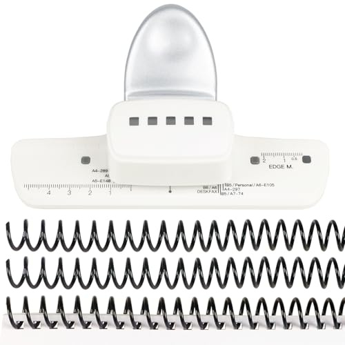 5-Hole Punch Square Paper Punch Manual Book Binding Machine with 20PCS 3:1 Pitch Plastic Spiral Binding Coils for Planners, Notebooks, Journals or Scrapbooks (Silver and White)