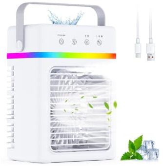 Aire Acondicionado Portátil 900ML, Mini Enfriador de Aire 3 Modos de Neblina + 3 Velocidades de Flujo, Temporizador 2/4/6H, Luz LED Colorida y USB, 10W Bajo Consumo - Ideal para Dormitorio y Oficina