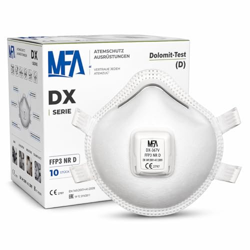 mfa Mascherina FFP3 con Valvola, Certificata EN149, Testata Dolomite (D), Confezione da 10 - Protezione da Polvere Fine e Aerosol per Edilizia, Artigianato e Industria