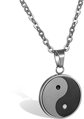 JewelryWe Schmuck Herren Damen Halskette, Edelstahl Tai Chi Yin und Yang Anhänger mit 55cm Kette, Weiß Grau Schwarz, kostenlos Gravur