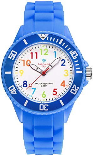 Alienwork Kids Montre Pédagogique Apprendre l'Heure Enfants Garçon Fille Bleu Bracelet en Silicone Multicolore Enfants Résistant à l'eau 5 ATM Temps d'apprentissage