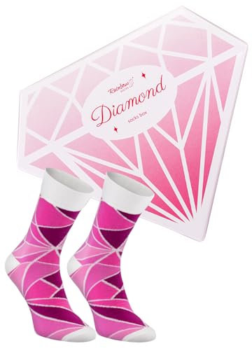 Rainbow Socks – Diamond Socks Box – Damen Rosa Diamond Socken – Novelty Geburtstagsgeschenke und Geschenk für Frauen Mädchen Großmütter und zum Valentinstag - 1 Paar - Größen 41-46