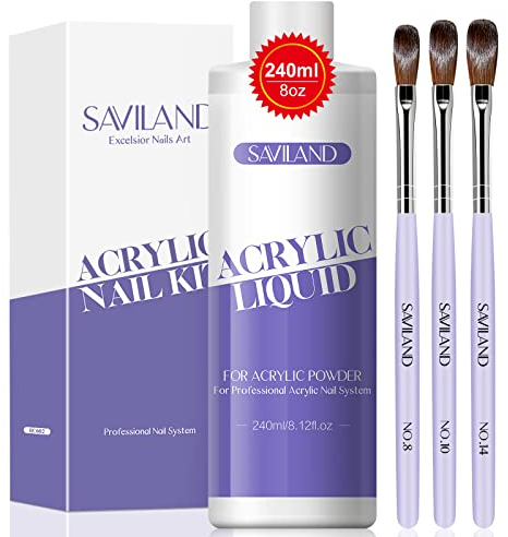 Saviland Líquido acrílico de 240 ml – Líquido monómero acrílico con 3 pinceles acrílicos (8/10/14) para aplicación de sistema acrílico, kit de uñas acrílicas, monómero de 8.11 onzas líquidas