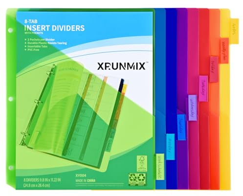8-Tab Binder Dividers - Index Pockets Divider for 3 Ring Binders, 3-Hole Plastics Sheets Protectors for US Letter Size in 0.5'', 1'', 2'', 3 inch Binders, 8 Colors (XY004) (1 Pack)