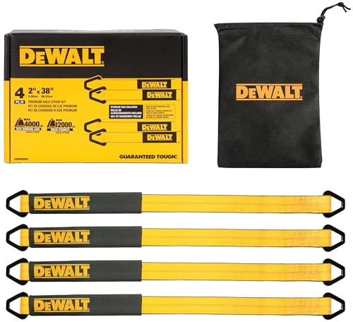 DEWALT DXBC80005 Black/Yellow 2 x 38 Premium Axle Tie Down Strap Kit (12,000 lb Break Strength) - Heavy Duty Protective for Truck, Trailer, ATV, UTV, Support Hoists, 4 Pack | Wrap Around Vehicle Axle-Scratch‑Free Anchor Points For Ratchet Straps, Protective Sleeves,Coated D-Rings,Meets DOT Standards