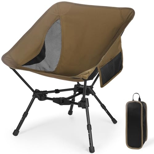 Lightweight Folding Camping Chair: Portable Ultralight Height Adjustable Folding Camping Chair 330 lbs Capacity with Side Pockets Ideal Backpacking Chairs for Short hikes and Cycling Trips (Khaki)
